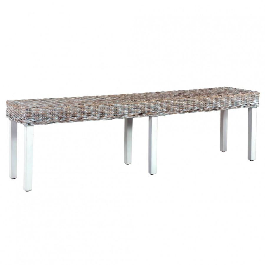 Banc 160 cm Blanc Rotin naturel kubu et bois de manguier massif