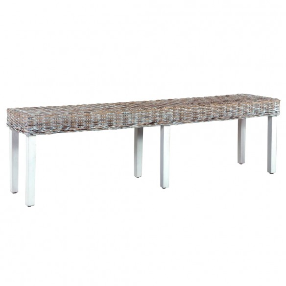 Banc 160 cm Blanc Rotin naturel kubu et bois de manguier massif