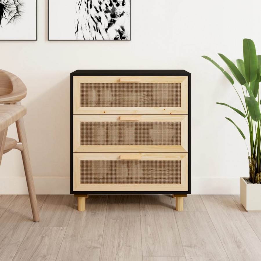 Buffet Noir 60x30x70 cm Bois de pin massif et rotin naturel