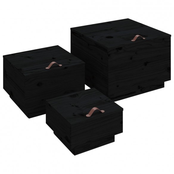 Boîtes de rangement et couvercles 3 pcs Noir Bois massif de pin