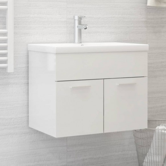 Armoire d'évier avec lavabo intégré Blanc brillant Aggloméré