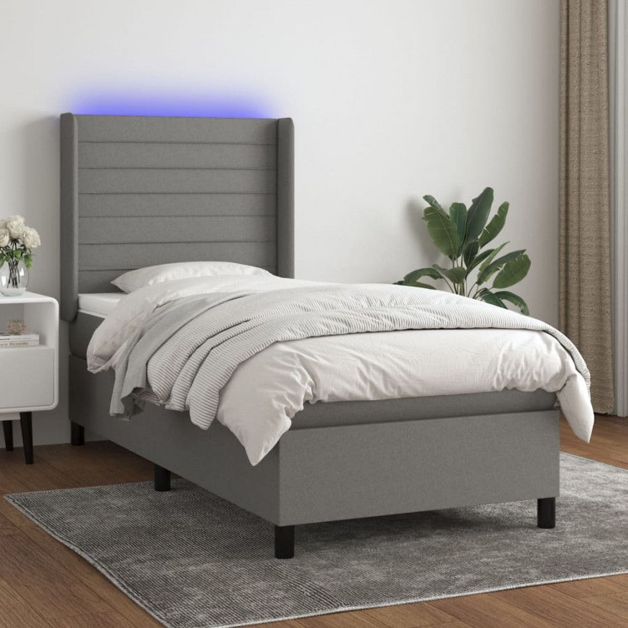 cadre de lit matelas LED Gris foncé 100x200 cm Tissu