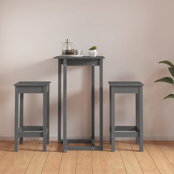 Ensemble de bar 3 pcs Gris Bois de pin massif