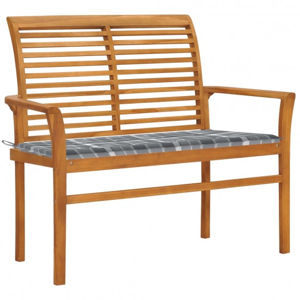 Banc de jardin avec coussin à carreaux gris 112 cm Teck massif