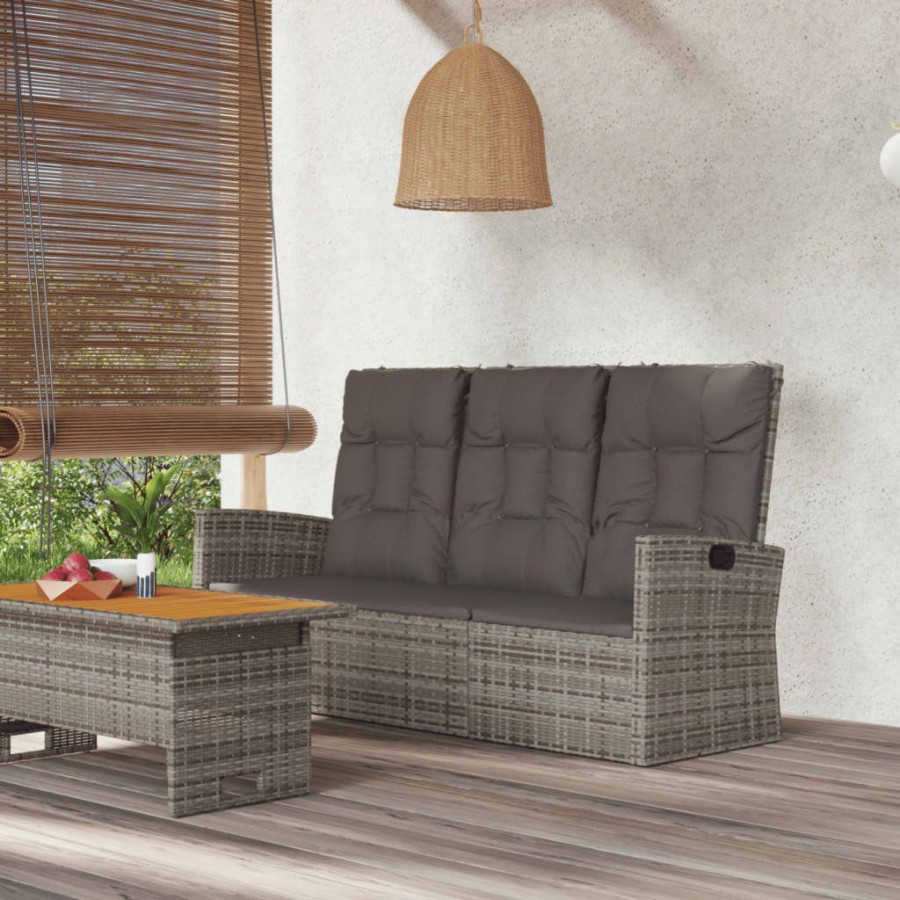 Banc de jardin inclinable et coussins gris 173cm résine tressée