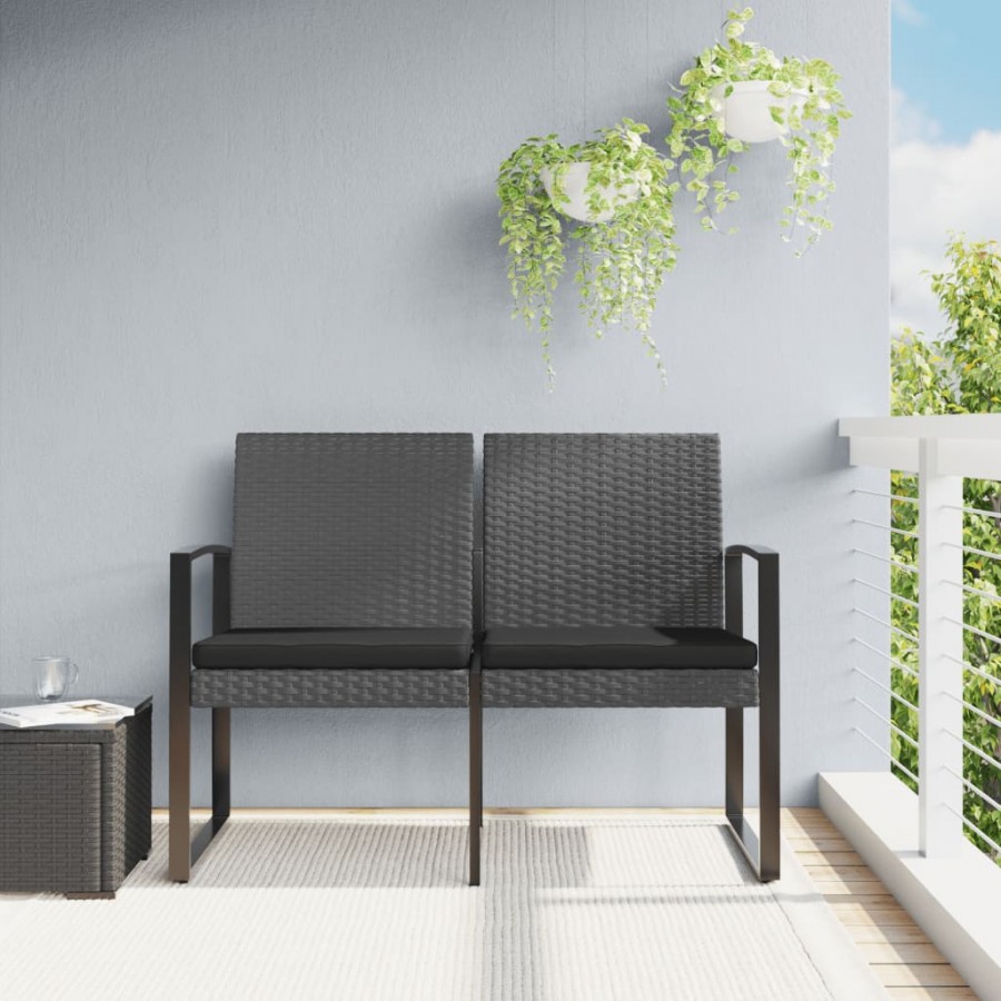 Banc de jardin à 2 places et coussins gris foncé PP rotin