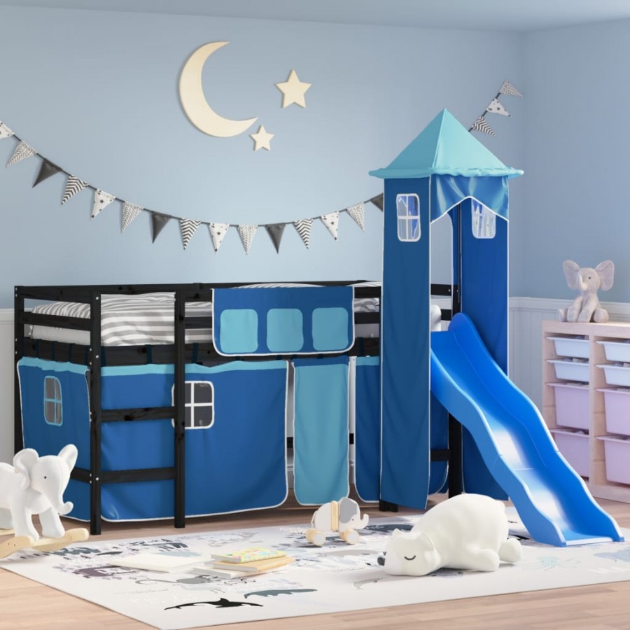 Lit mezzanine enfants avec tour bleu 80x200cm bois pin massif