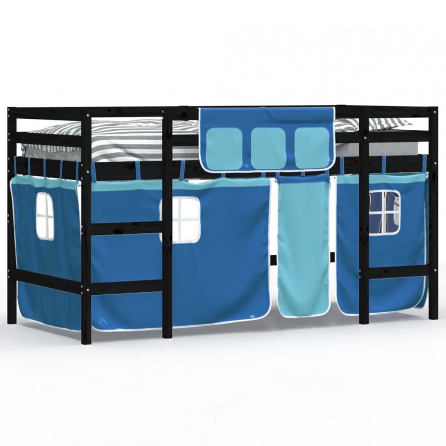 Lit mezzanine enfants et rideaux bleu 90x200cm bois pin massif