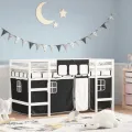 Lit mezzanine enfants et rideaux blanc/noir 90x200cm pin massif