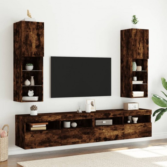 Meubles TV avec lumières LED 2 pcs chêne fumé 30,5x30x102 cm