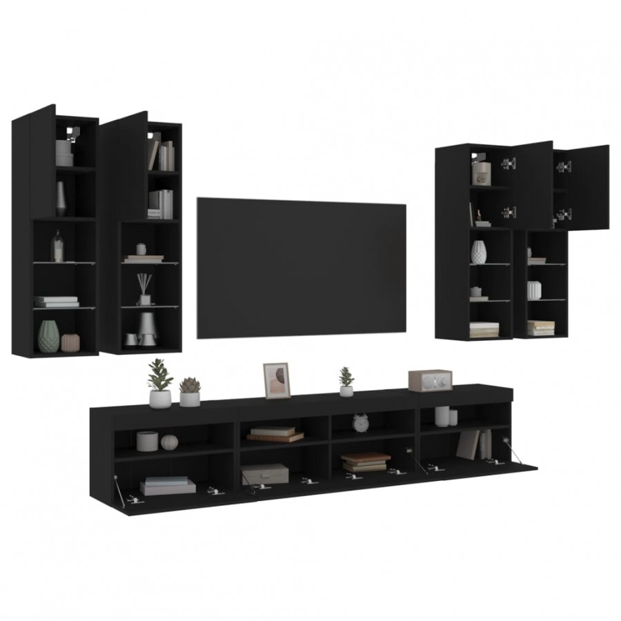 Ensemble de meubles TV muraux 7 pcs avec lumières LED noir