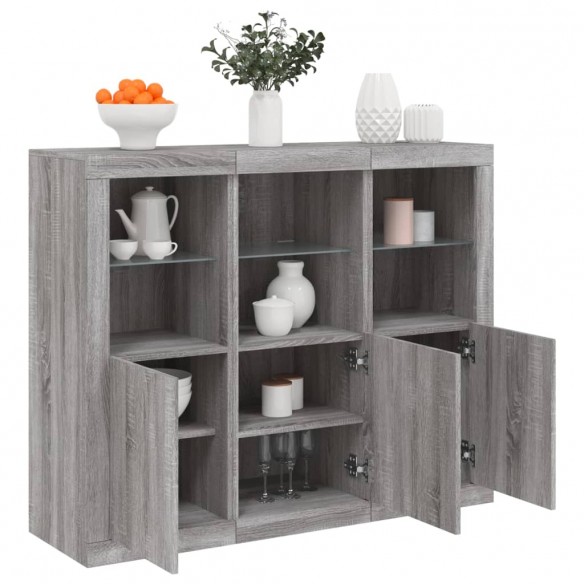 Buffets avec lumières LED 3 pcs sonoma gris bois d'ingénierie