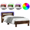 Cadre de lit tête de lit et lumières LED chêne fumé 75x190 cm