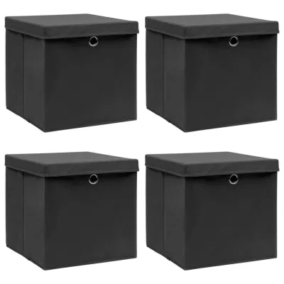 Boîtes de rangement avec couvercle 4 pcs Noir 32x32x32 cm Tissu