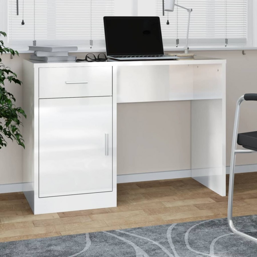 Bureau avec tiroir et armoire Blanc brillant 100x40x73 cm