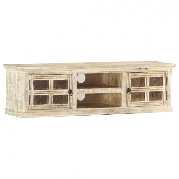 Meuble TV Blanc 130x30x36 cm Bois massif de manguier