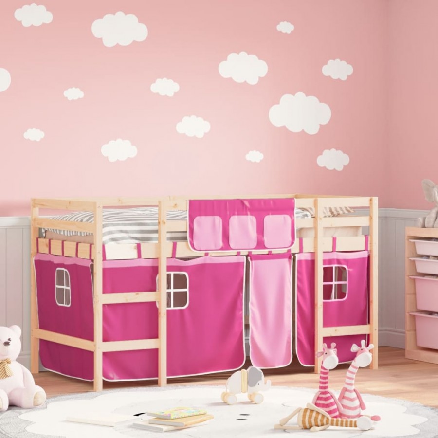 Lit mezzanine enfants et rideaux rose 90x200cm bois pin massif