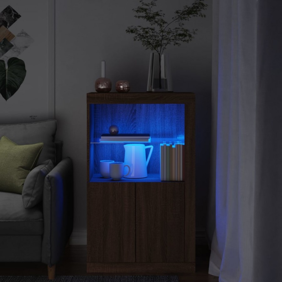 Armoire latérale avec lumières LED chêne marron bois ingénierie