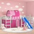 Lit mezzanine enfants avec tunnel rose 90x200cm bois pin massif