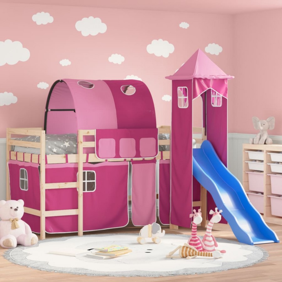 Lit mezzanine enfants avec tour rose 80x200cm bois pin massif