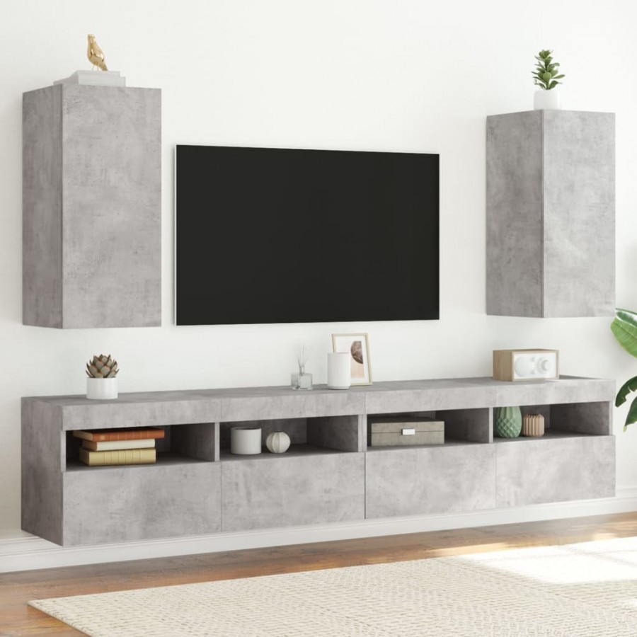 Meubles TV muraux et lumières LED 2pcs gris béton 30,5x35x70 cm