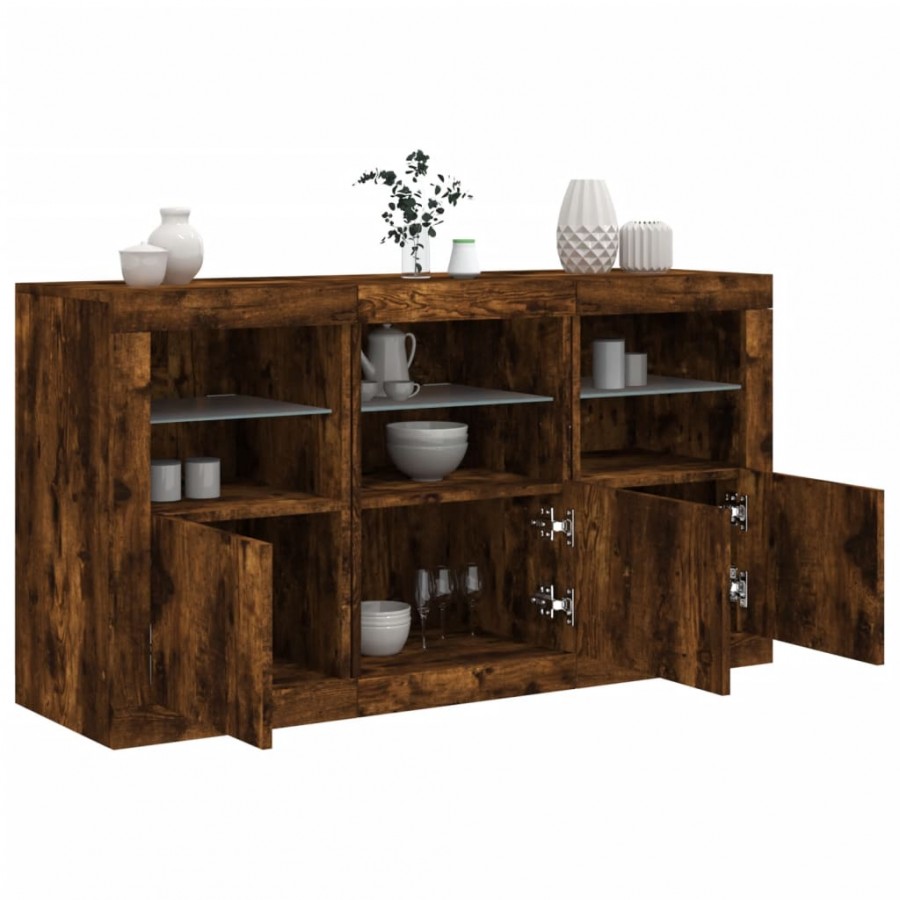 Buffet avec lumières LED chêne fumé 123x37x67 cm