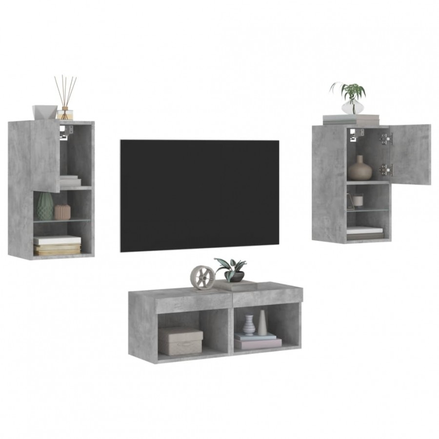 Meuble TV muraux 4 pcs avec lumières LED gris béton