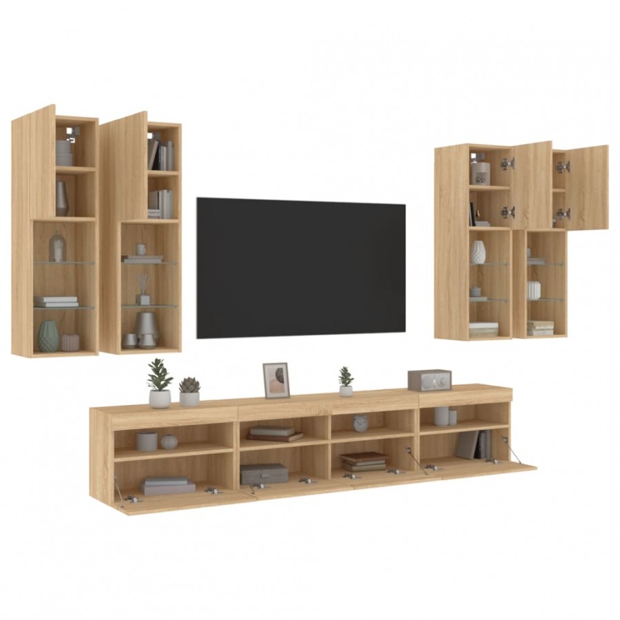 Ensemble de meubles TV muraux 7pcs et lumières LED chêne sonoma