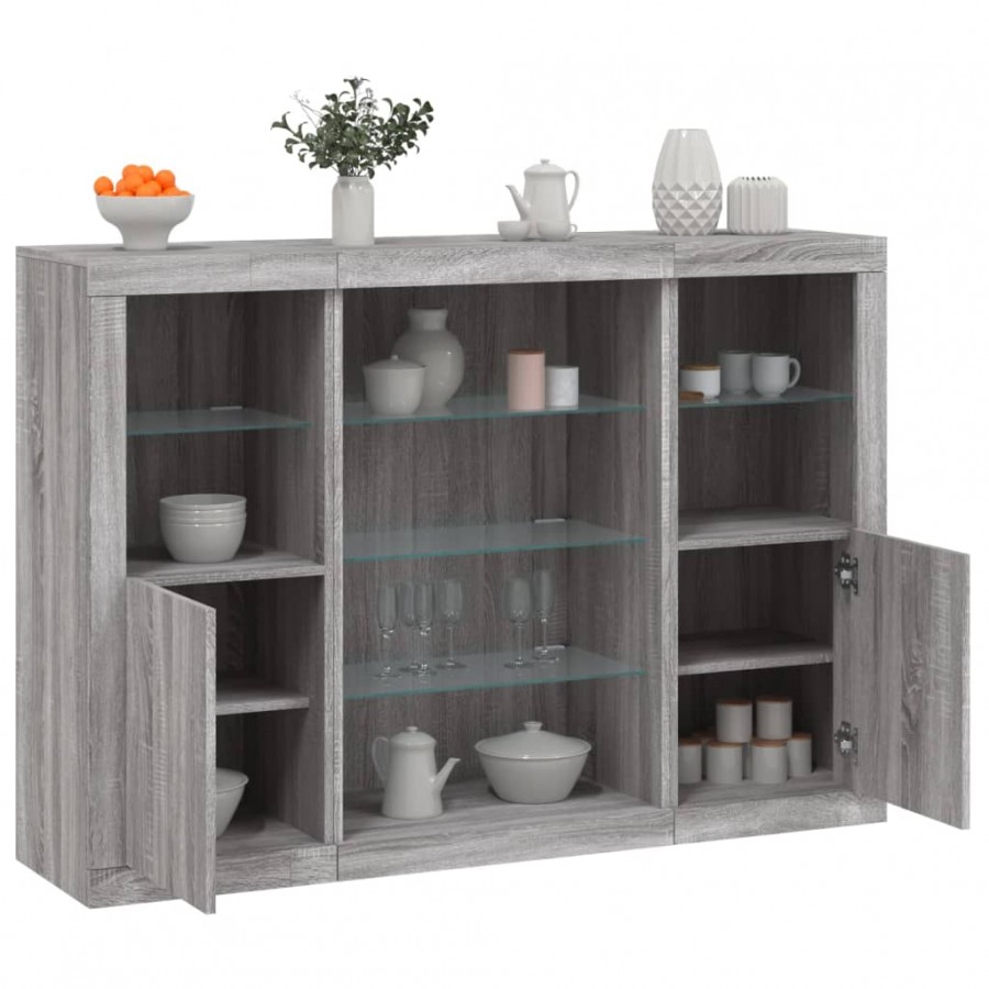 Buffets avec lumières LED 3 pcs sonoma gris bois d'ingénierie