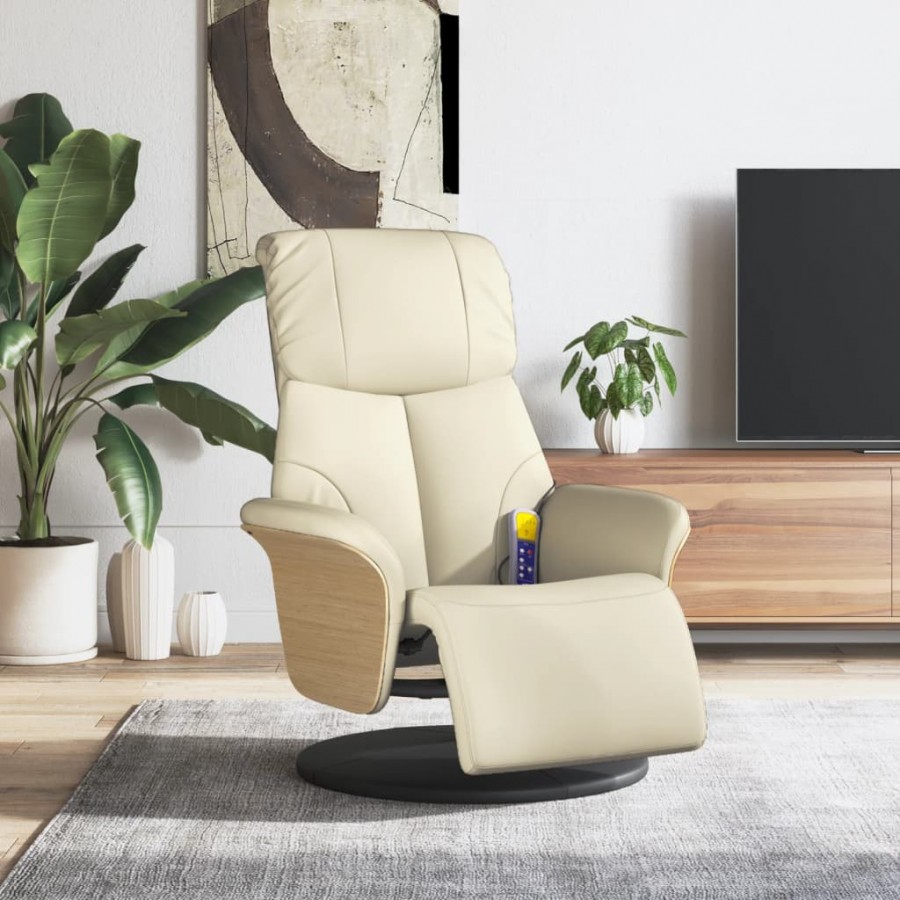 Fauteuil inclinable de massage et repose-pieds crème similicuir