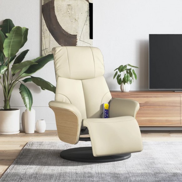 Fauteuil inclinable de massage et repose-pieds crème similicuir