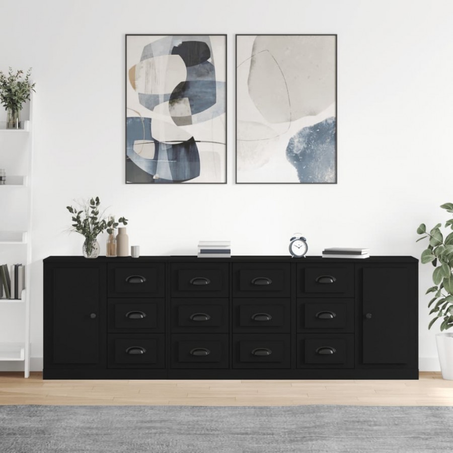 Buffets 3 pcs noir bois d'ingénierie