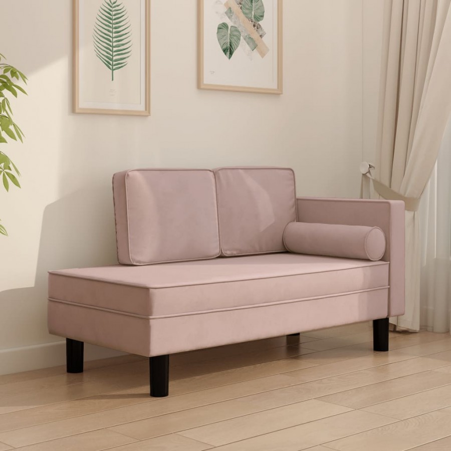 Chaise longue avec coussins et traversin rose velours