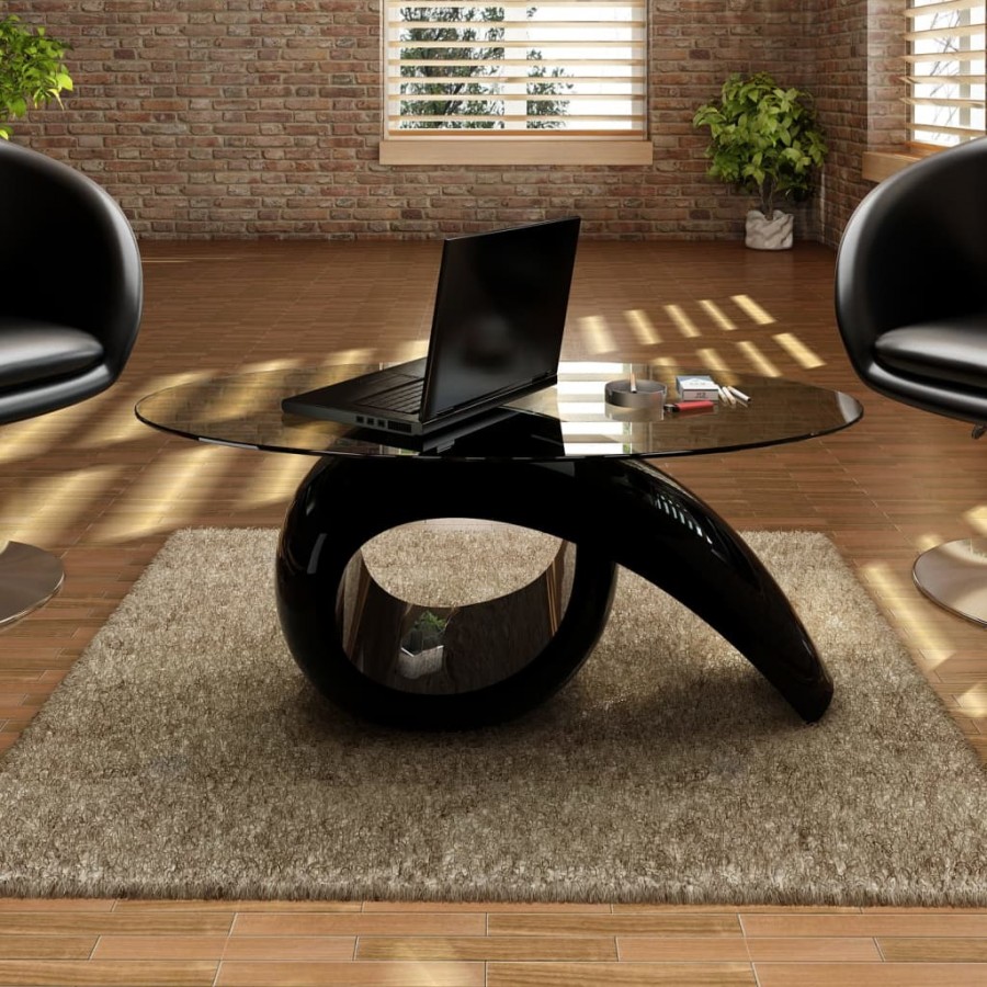 Table basse avec dessus de table en verre ovale Noir brillant