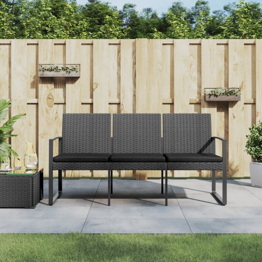 Banc de jardin à 3 places et coussins gris foncé PP rotin