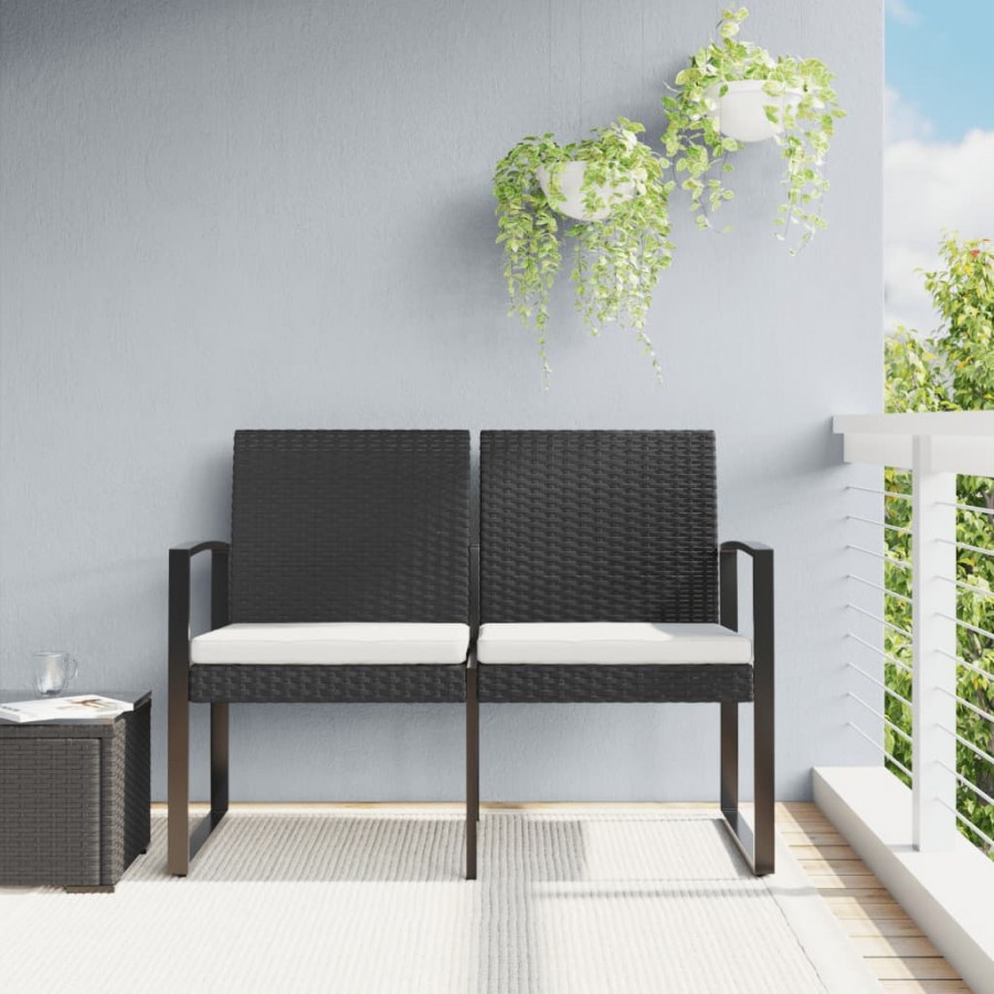 Banc de jardin à 2 places avec coussins noir rotin PP