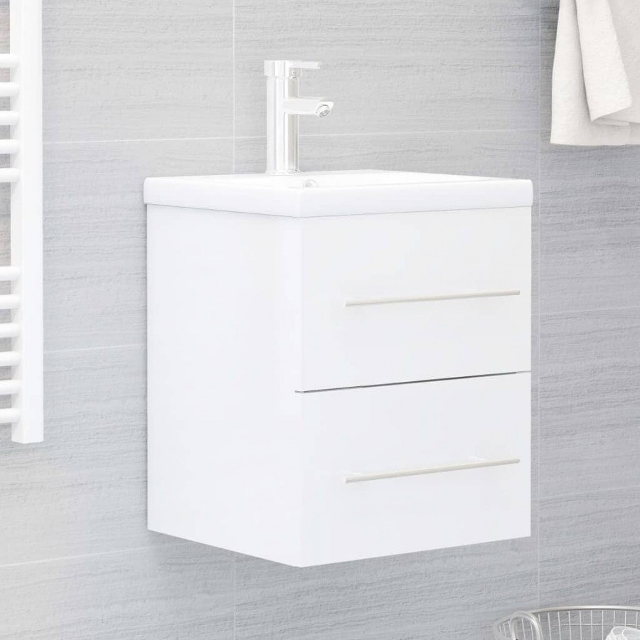 Armoire d'évier avec lavabo intégré Blanc brillant Aggloméré