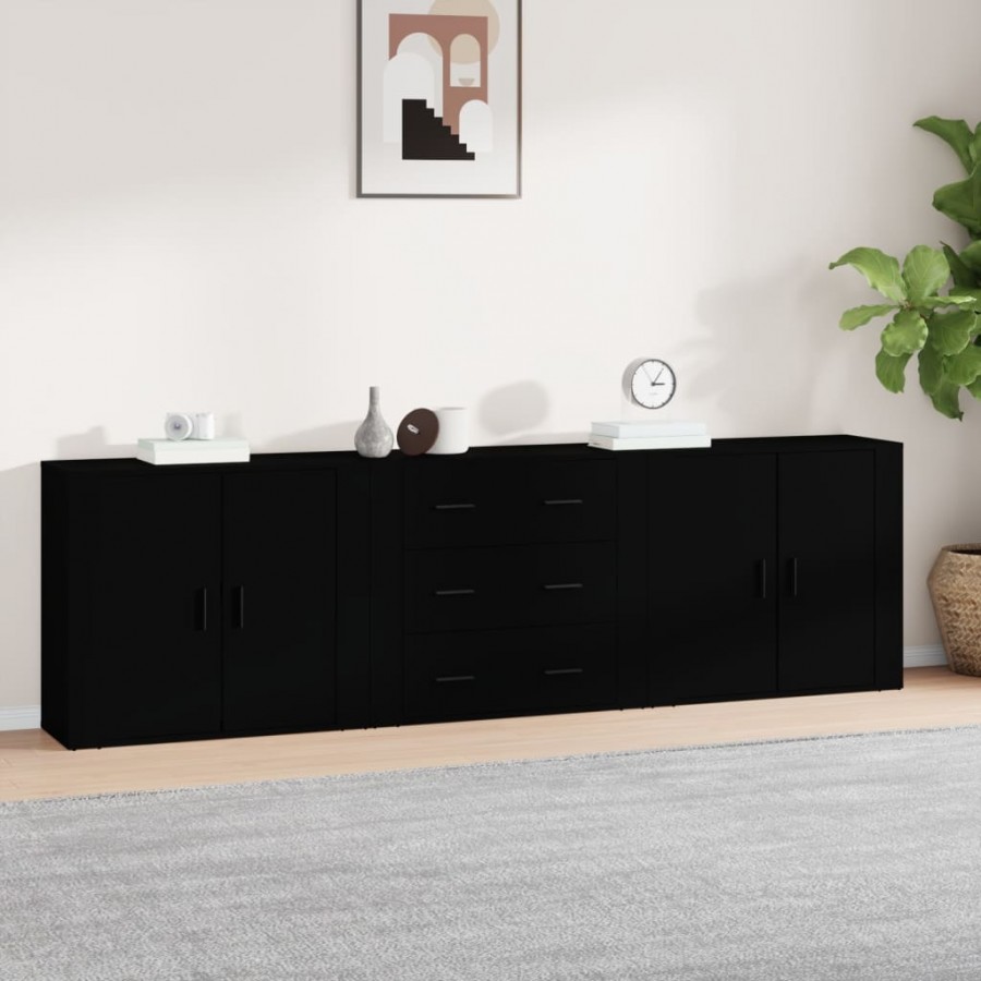 Buffets 3 pcs noir bois d'ingénierie