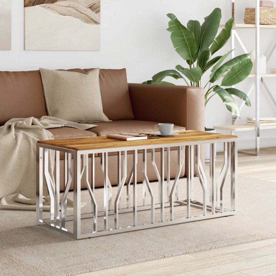 Table basse argenté acier inoxydable et bois massif d'acacia