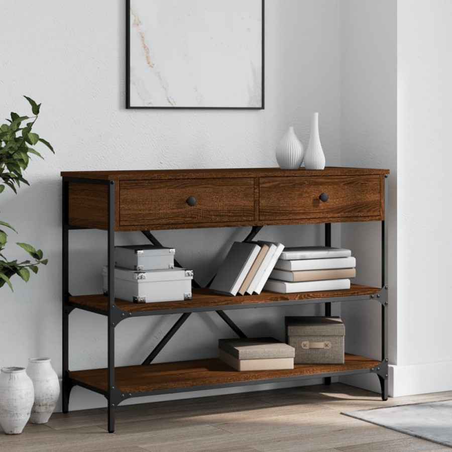 Table console avec tiroirs et étagères chêne marron