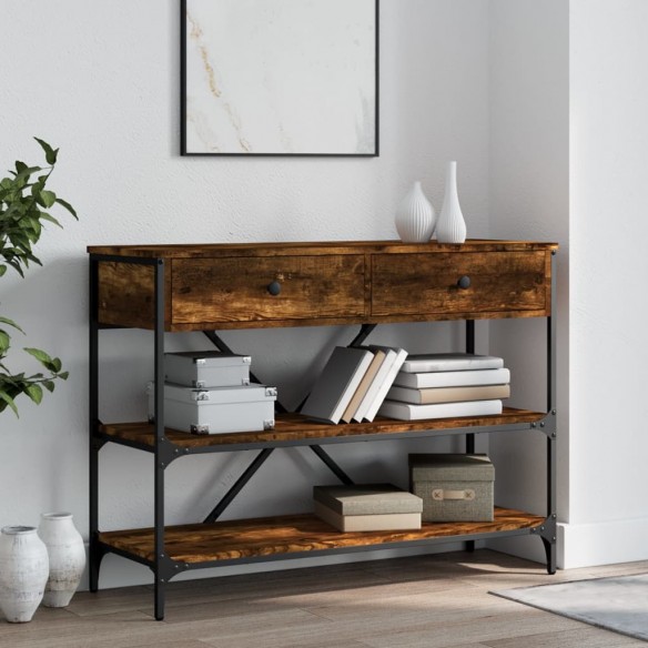 Table console avec tiroirs et étagères chêne fumé