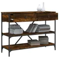 Table console avec tiroirs et étagères chêne fumé