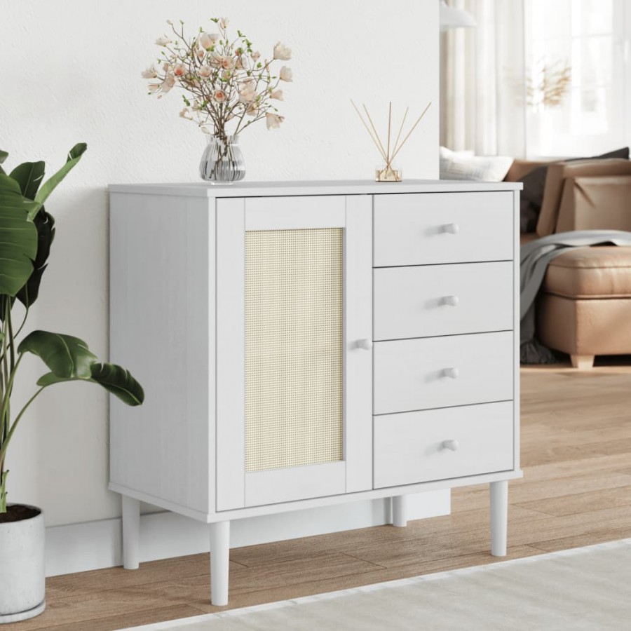 Buffet SENJA aspect rotin blanc 80x40x80 cm bois massif de pin