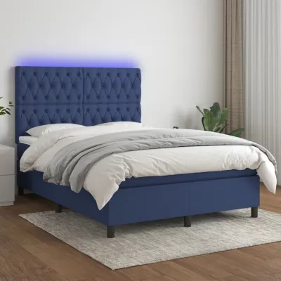 cadre de lit et matelas et LED Bleu 140x190 cm Tissu