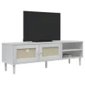 Meuble TV SENJA aspect rotin blanc 158x40x49cm bois massif pin