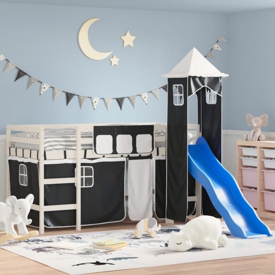 Lit mezzanine enfants et tour blanc/noir 90x200 cm pin massif