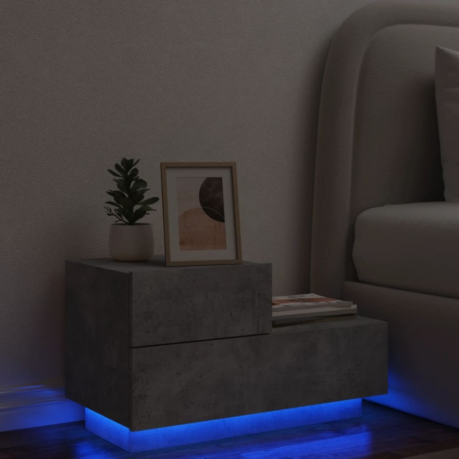 Table de chevet avec lumières LED gris béton 70x36x40,5 cm