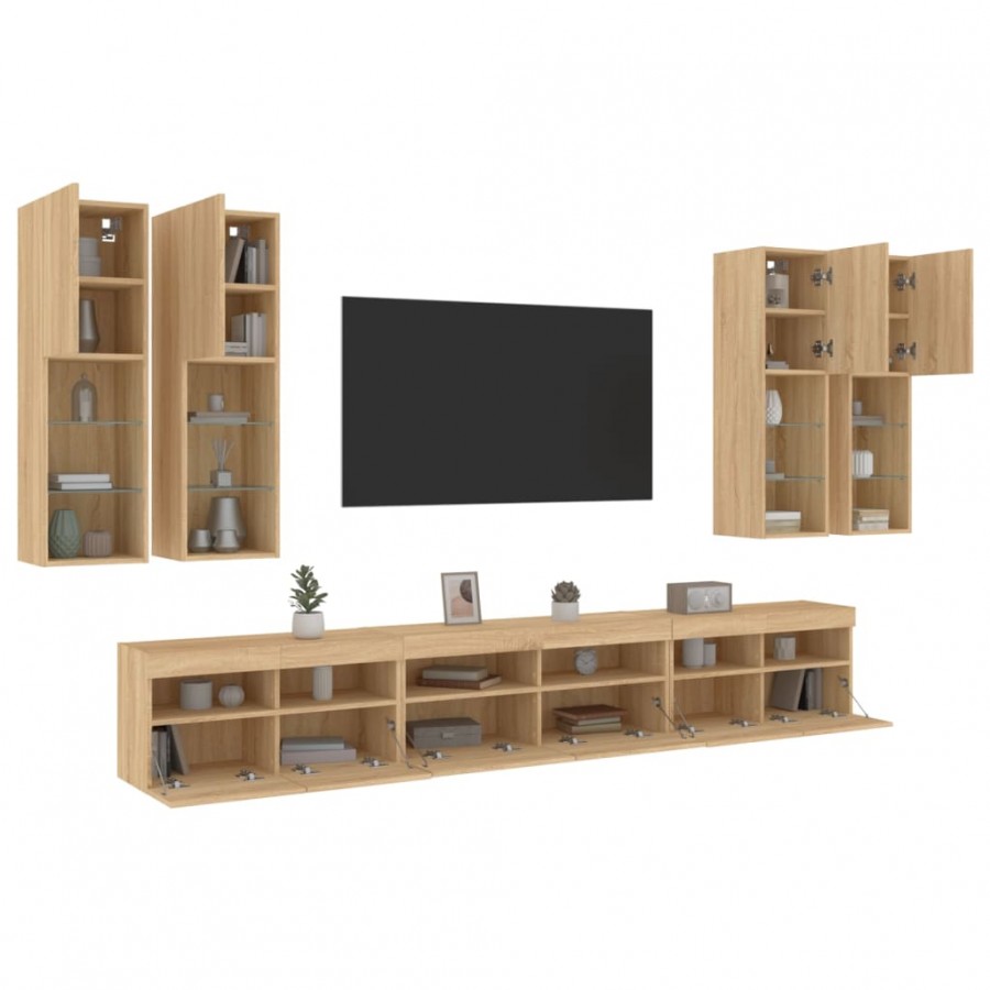 Ensemble de meubles TV muraux 7pcs et lumières LED chêne sonoma