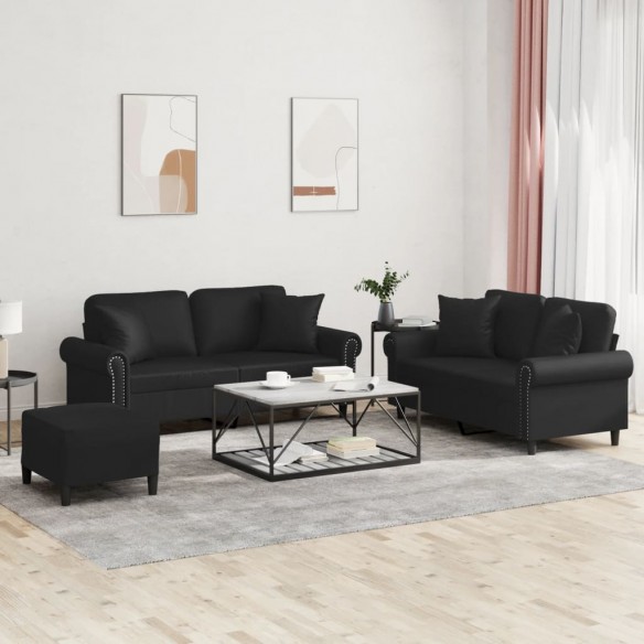 Ensemble de canapés 3 pcs avec coussins noir similicuir