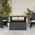 Table de jardin noir 110x110x71cm résine tressée et bois acacia